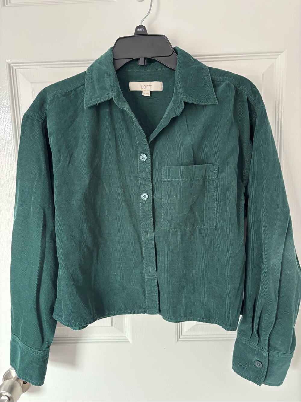 LOFT Green Corduroy Cropped Button Down Shirt